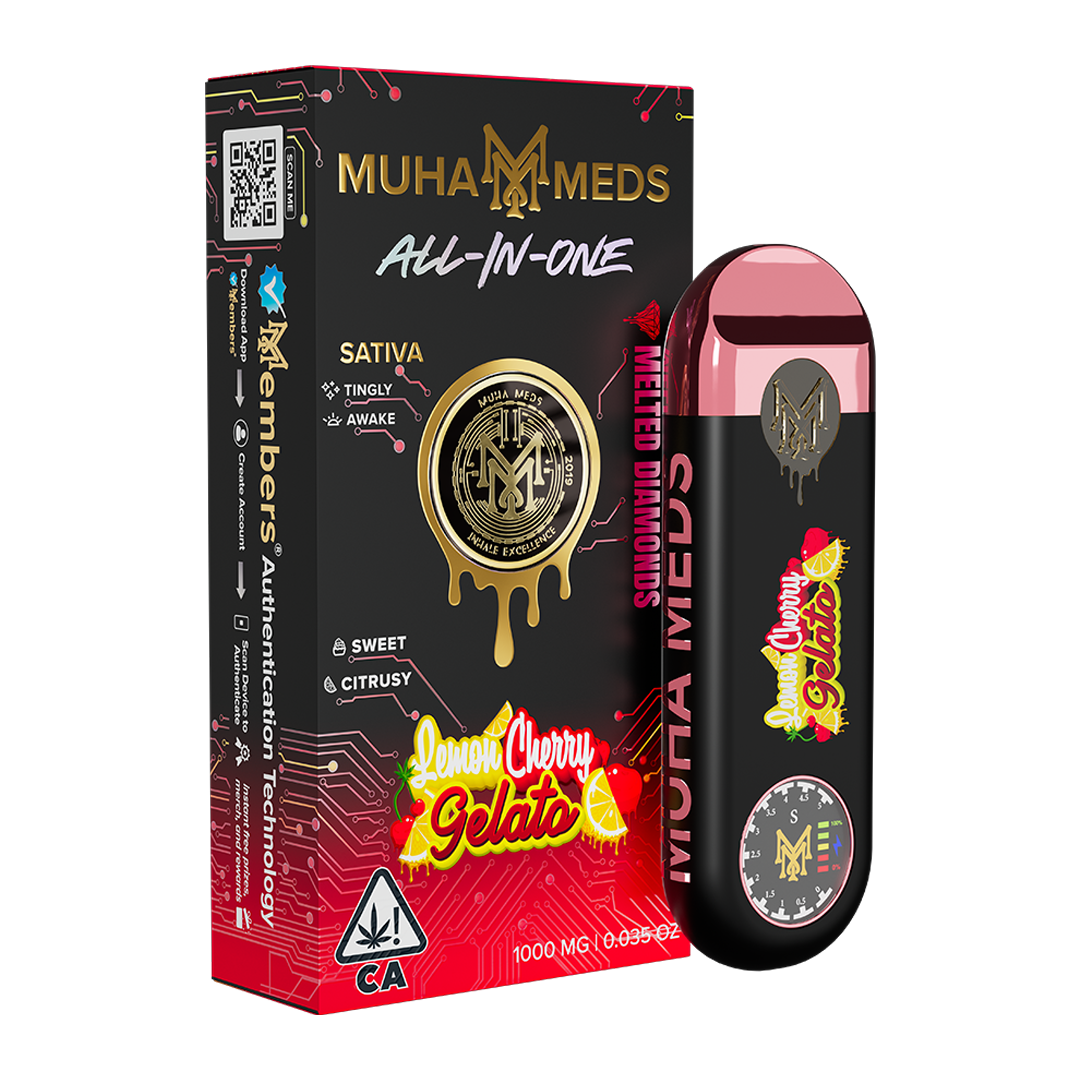 Muha Meds Lemon Cherry Gelato All-In-One Sativa product packaging and device