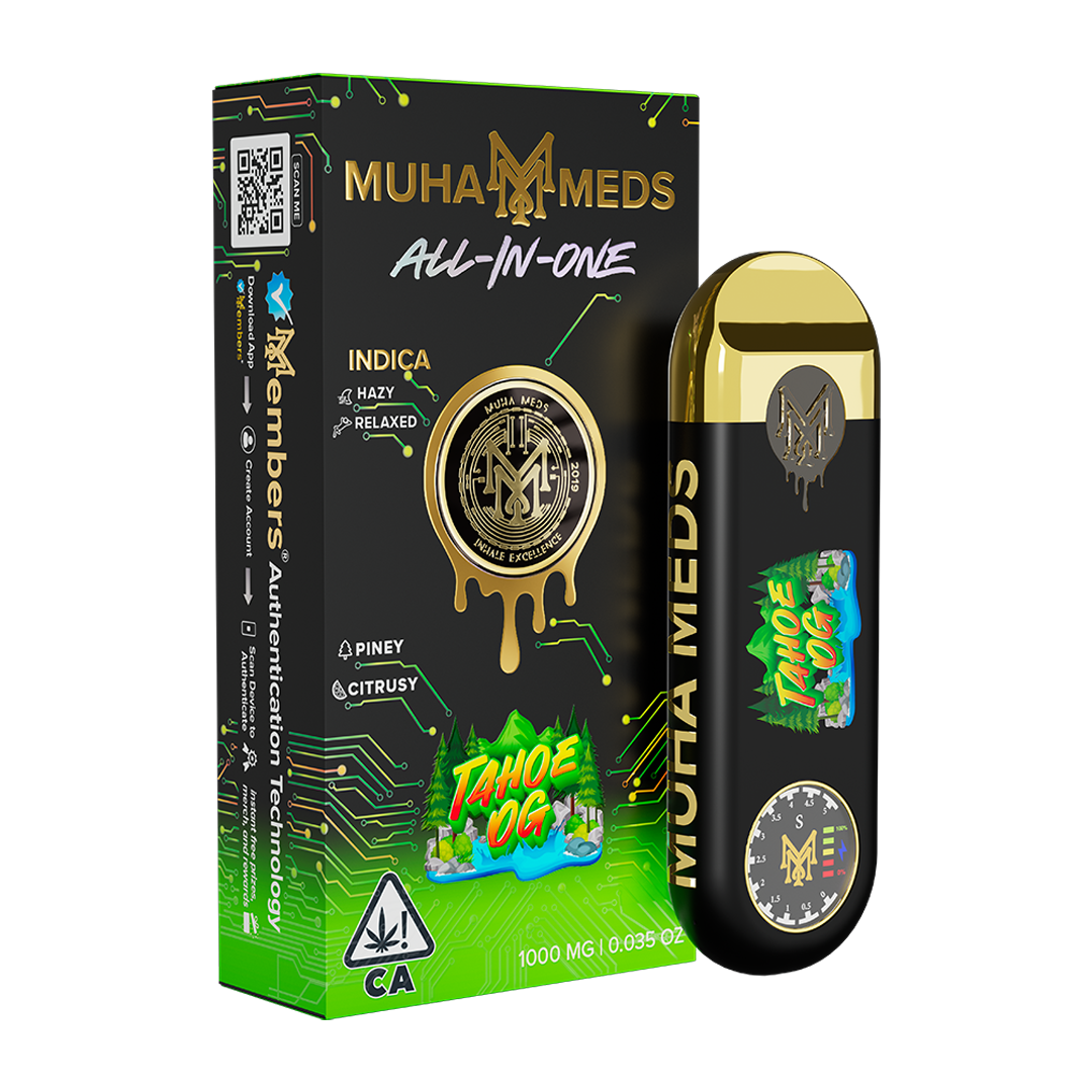 Muha Meds Tahoe OG All-In-One Indica black gold and green packaging