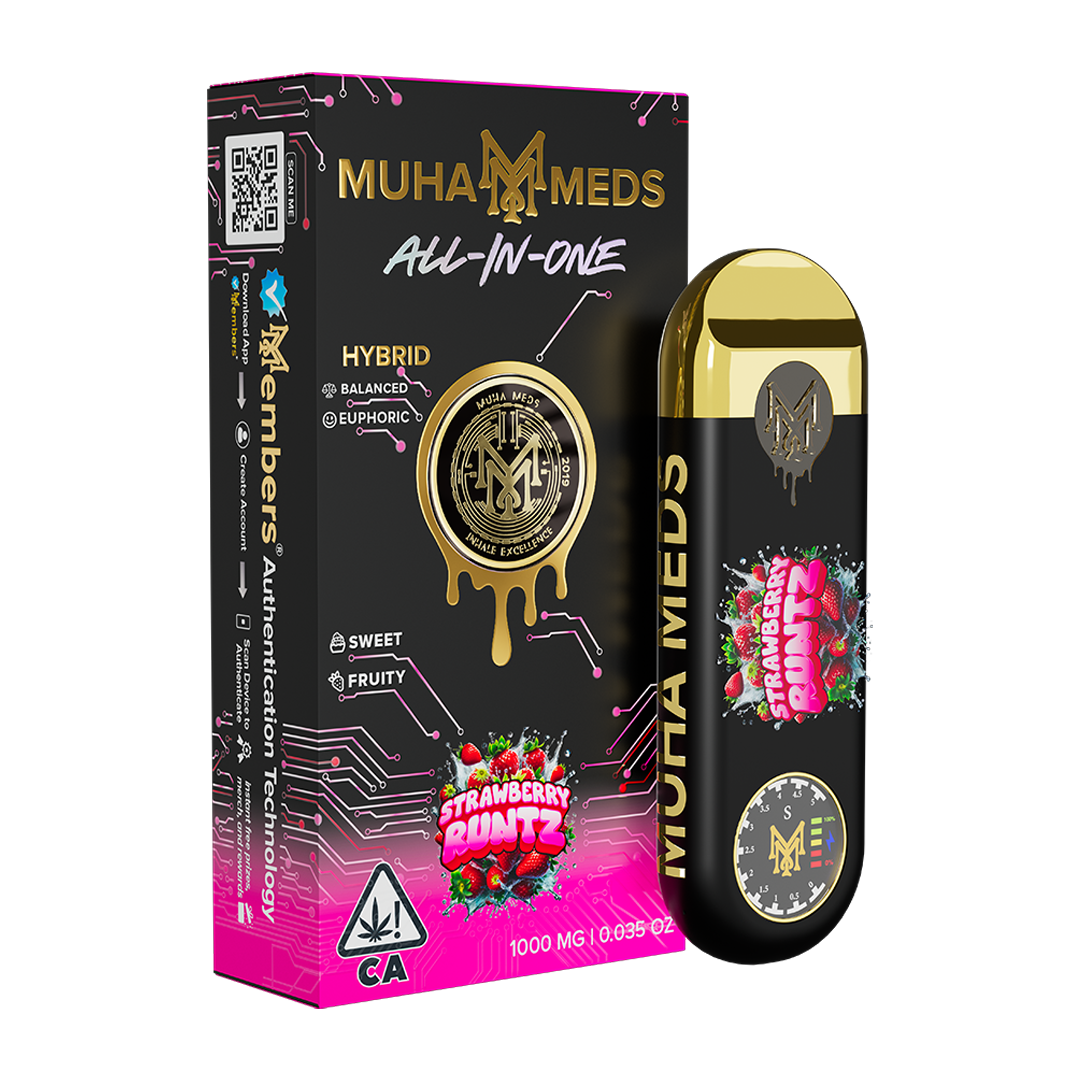 Muha Meds Strawberry Runtz All-In-One Hybrid black gold and pink packaging