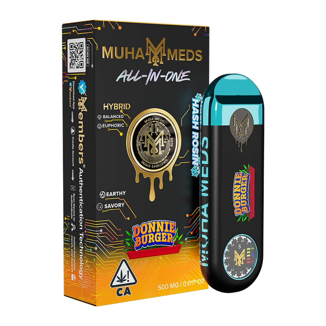 Muha Meds Donnie Burger All-In-One Hybrid Hash Rosin black orange and cyan packaging