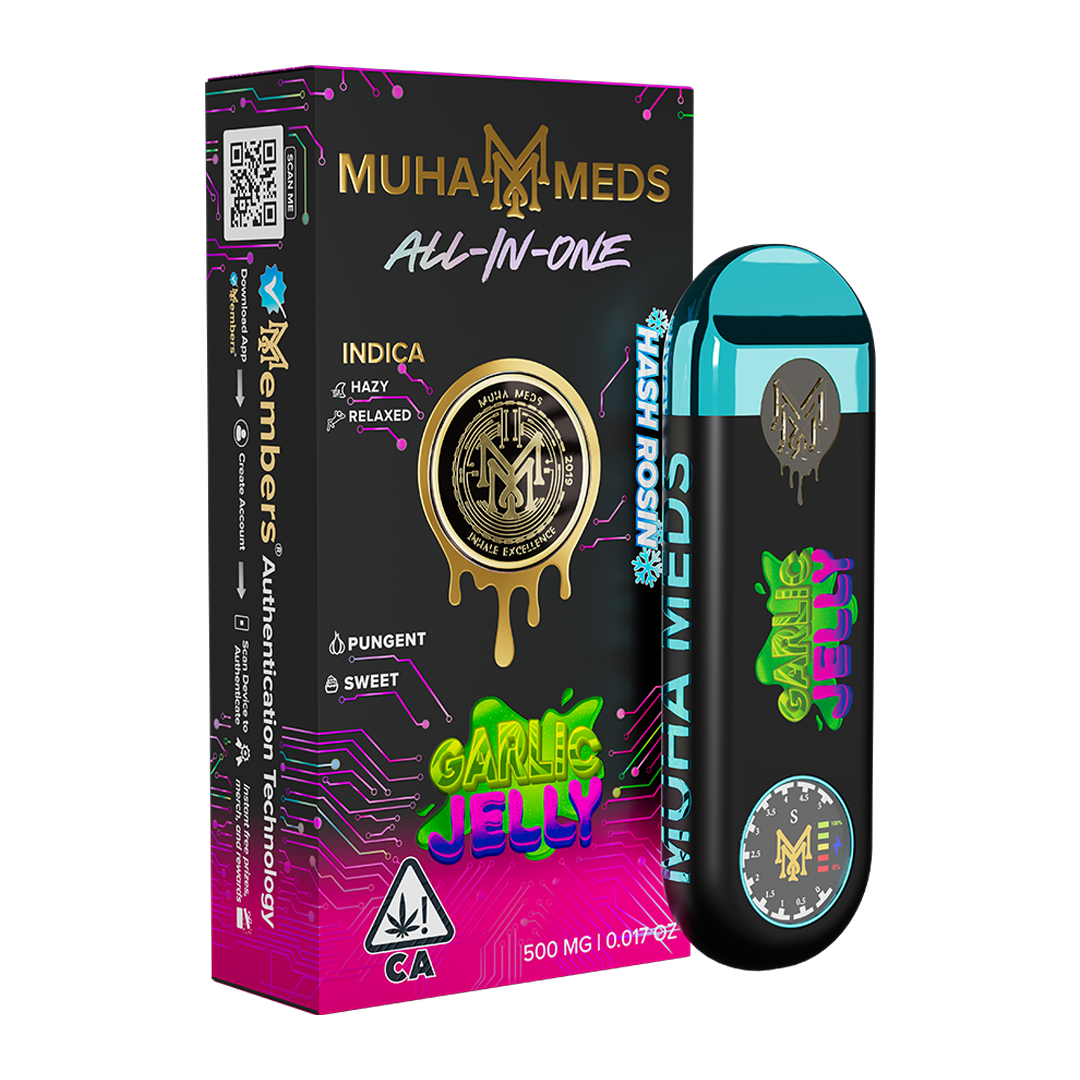 Muha Meds Garlic Jelly All-In-One Indica Hash Rosin black pink and cyan packaging
