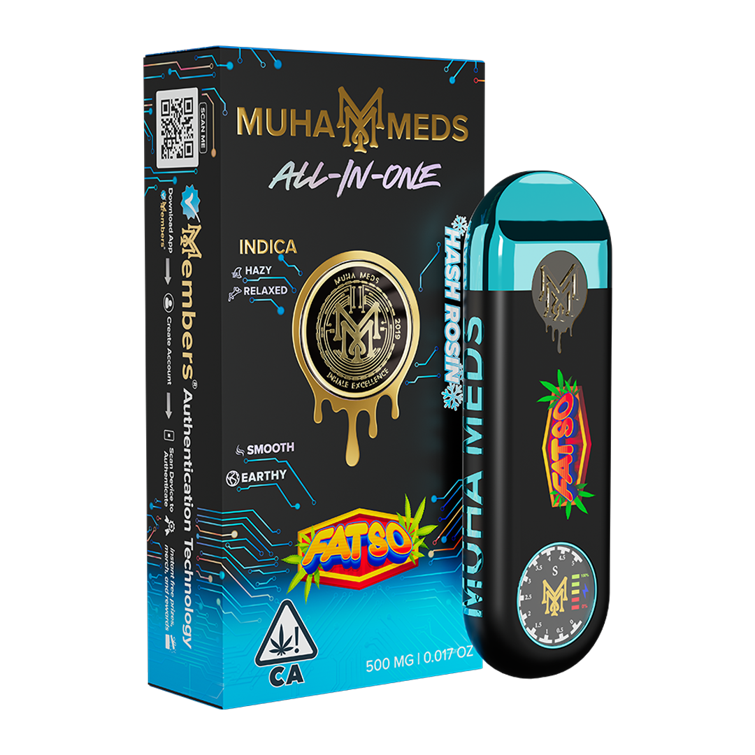 Muha Meds Fatso All-In-One Indica Hash Rosin black blue and cyan packaging