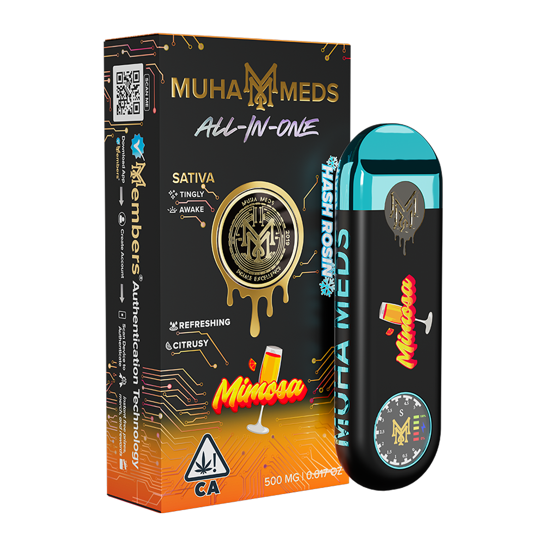 Muha Meds Mimosa All-In-One Sativa packaging with orange and turquoise graphics and 500 mg marking