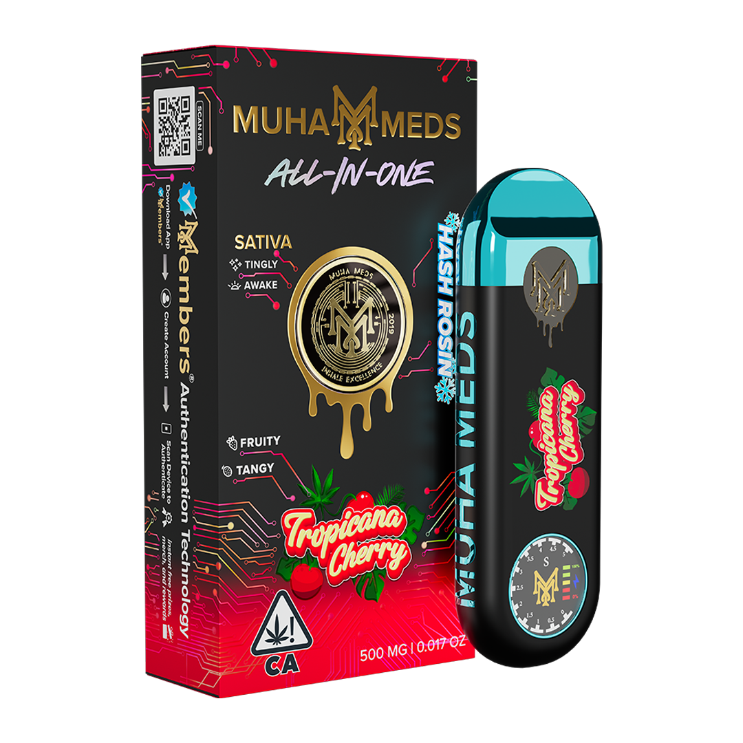 Muha Meds Tropicana Cherry All-In-One Sativa Hash Rosin black red and cyan packaging