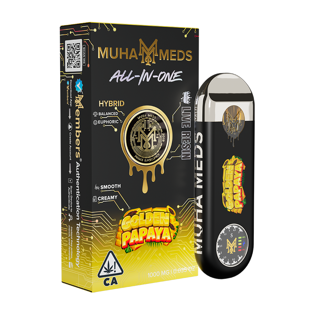 Muha Meds Golden Papaya All-In-One Hybrid Live Resin product packaging