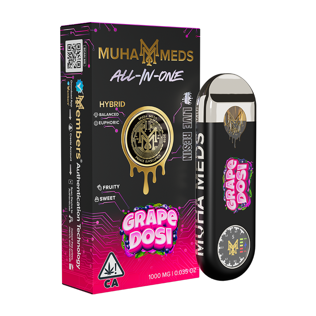 Muha Meds Grape Dosi All-In-One Hybrid Live Resin packaging with purple and pink grape artwork