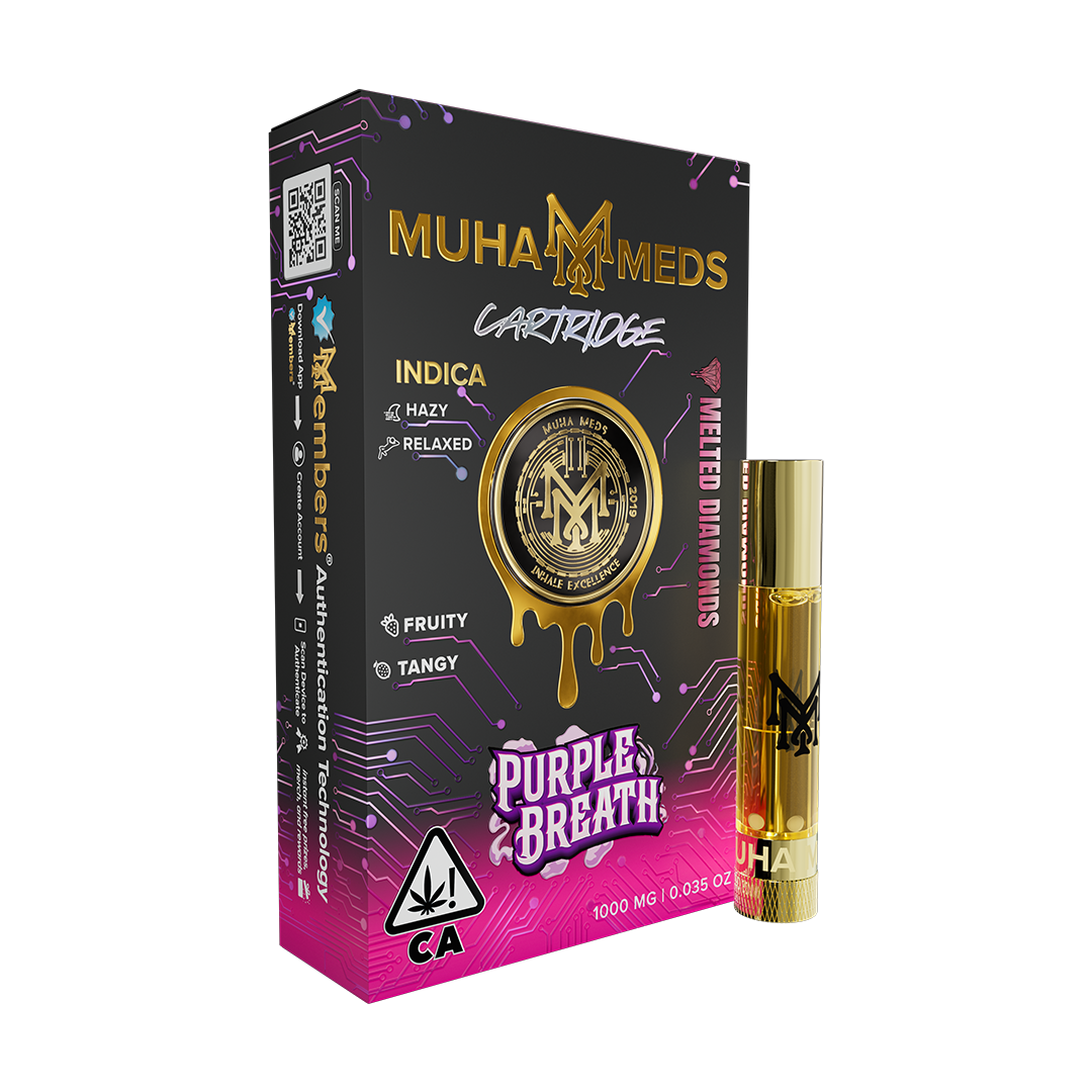 Muha Meds Purple Breath cartridge Indica Melted Diamonds packaging